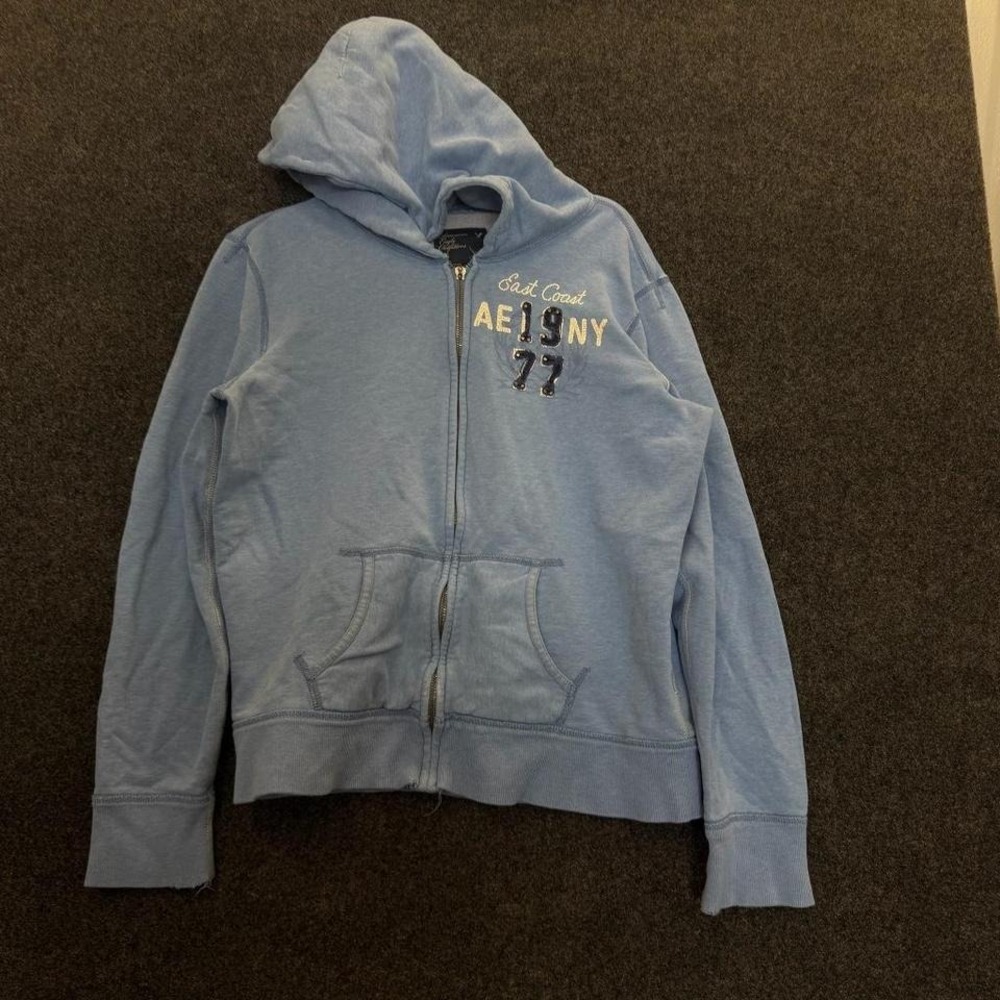 American Eagle Full Zip Hoodie Women's Large Light Blue AE 1977 Y2K